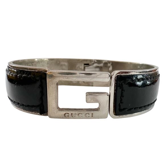 Black Leather Metal Hinged Bangle Bracelet